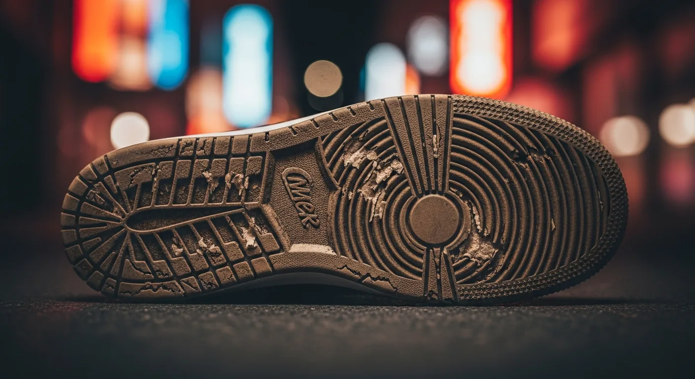 Worn and flawed sole of a trendy sneaker against a backdrop of blurred city lights.