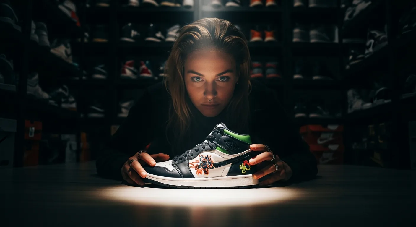 Focused shot of a female collector under spotlight, analyzing a sneaker, conveying new authority.