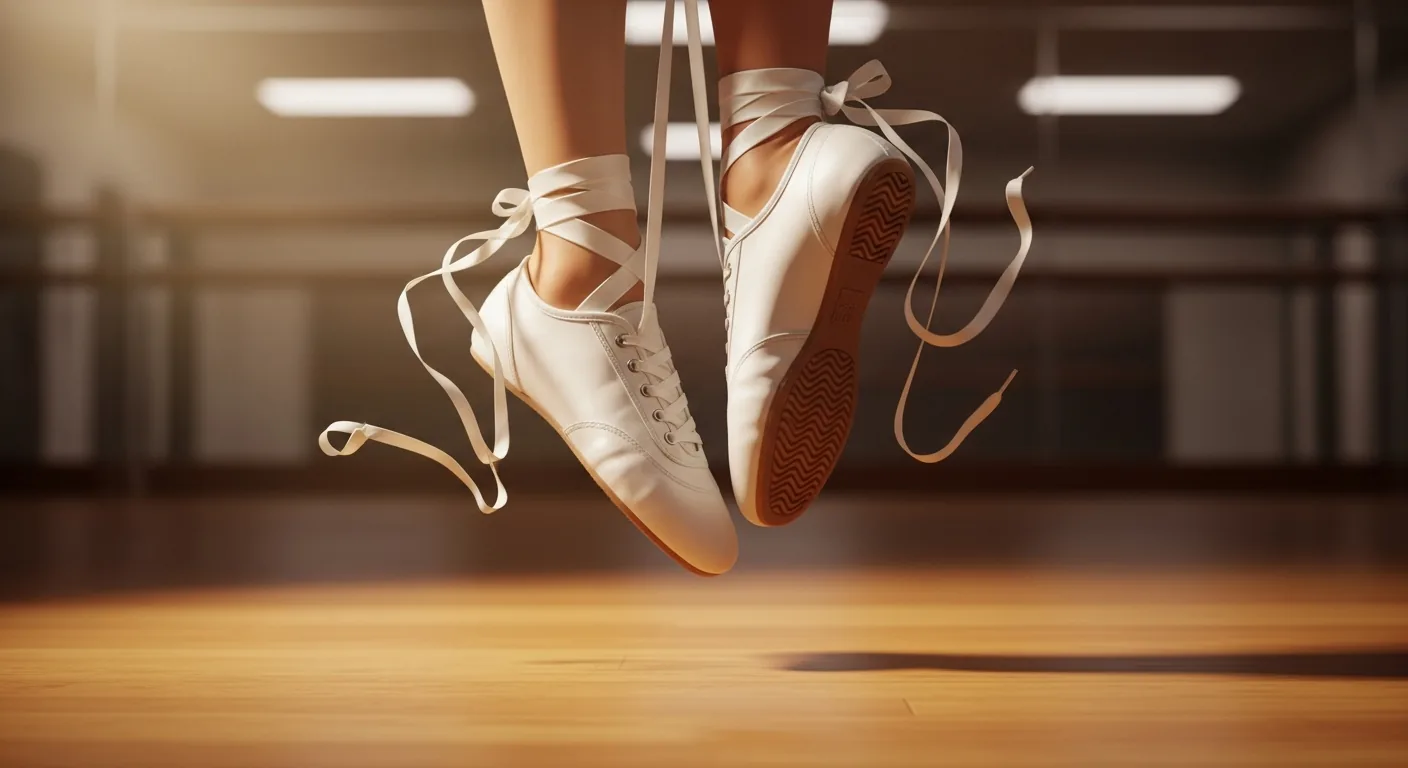 An airborne pair of ballet-inspired sneakers in a dance studio, highlighted by dramatic spotlighting.