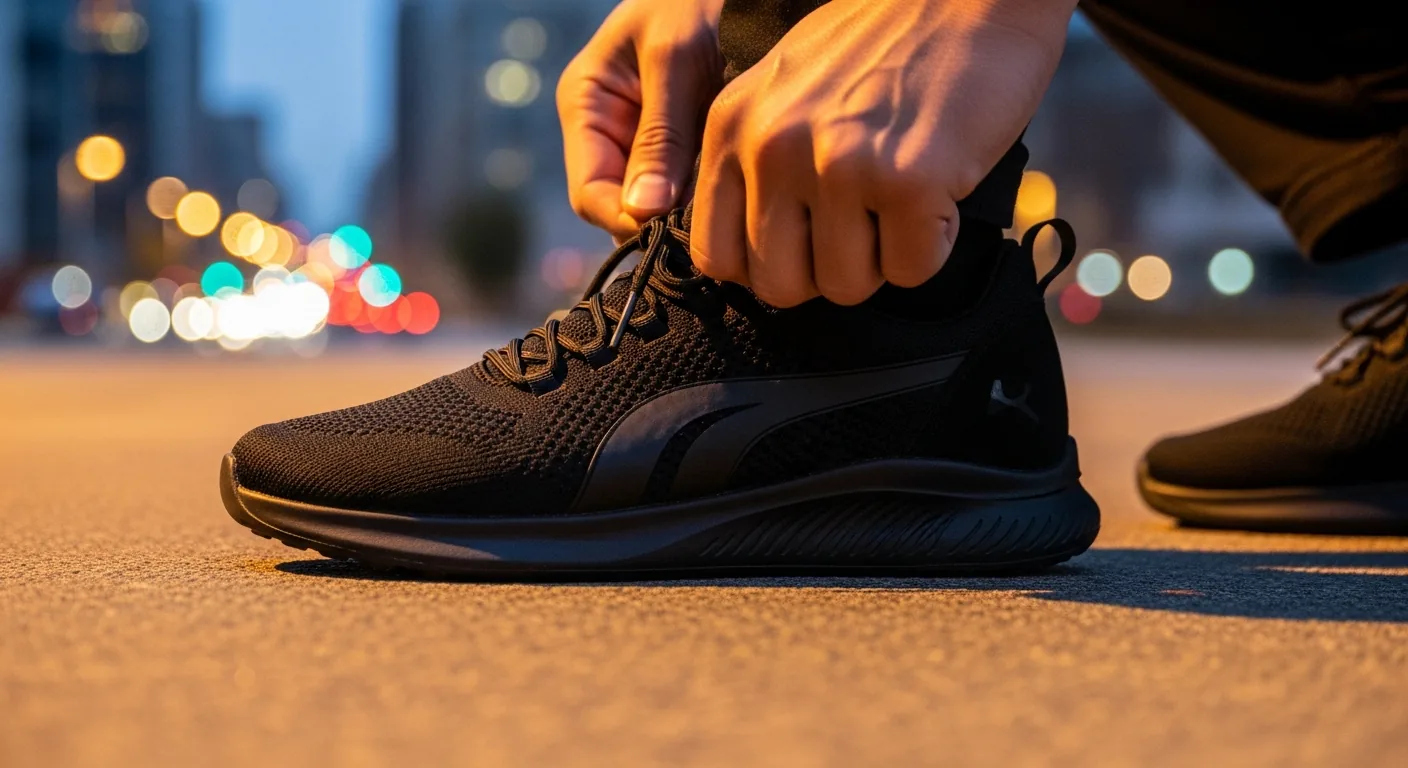 Person adjusting sneaker with city lights in the background.