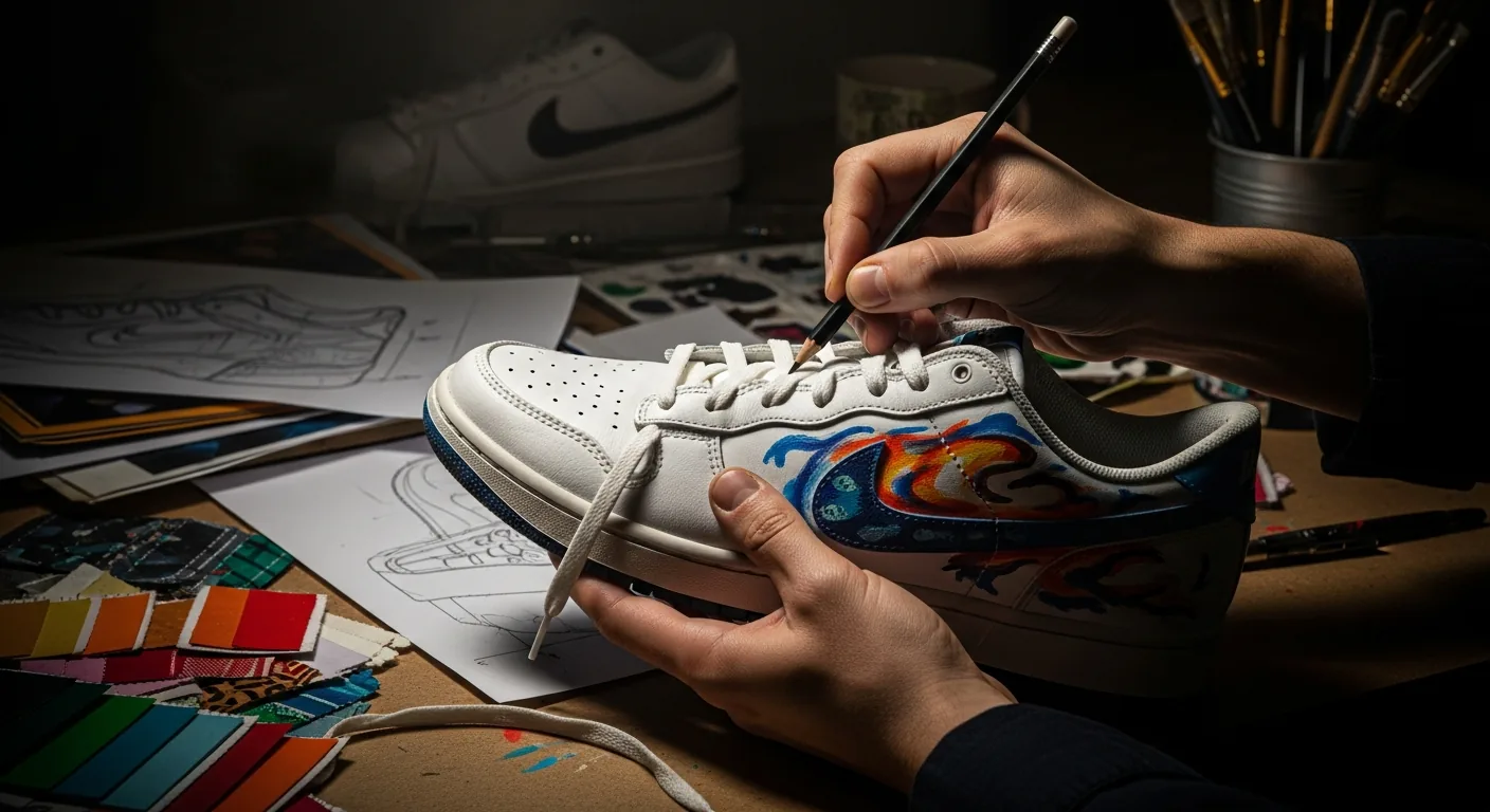 Hands sketching on a sneaker with design tools in the workspace.