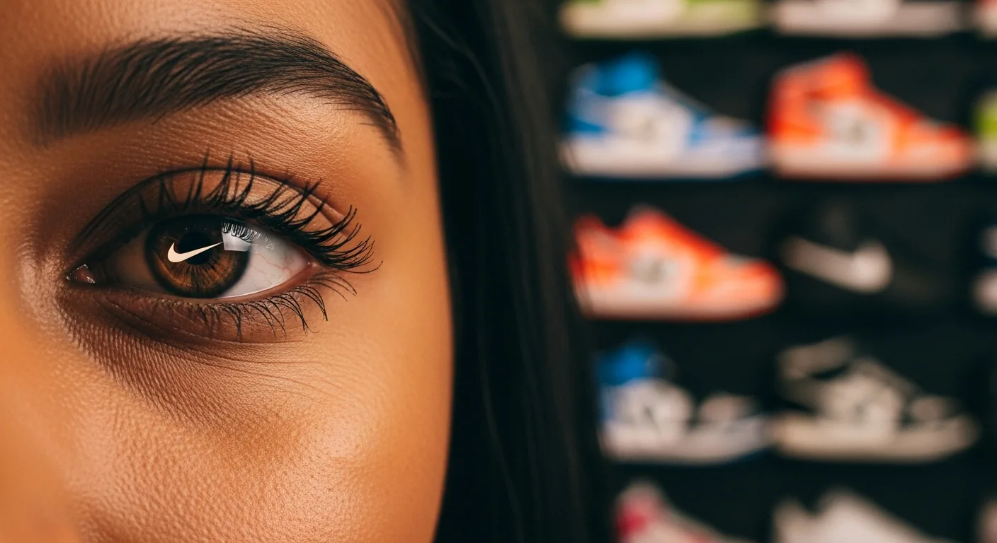 Close-up of a woman's eye reflecting a sneaker brand logo, with blurred sneakers in the background.