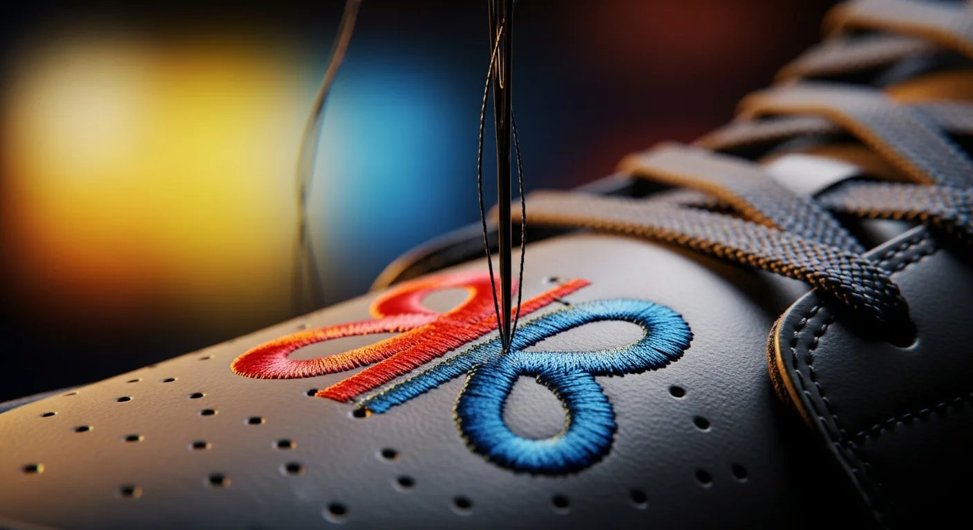 Close-up of a logo being stitched onto a sneaker in a studio.