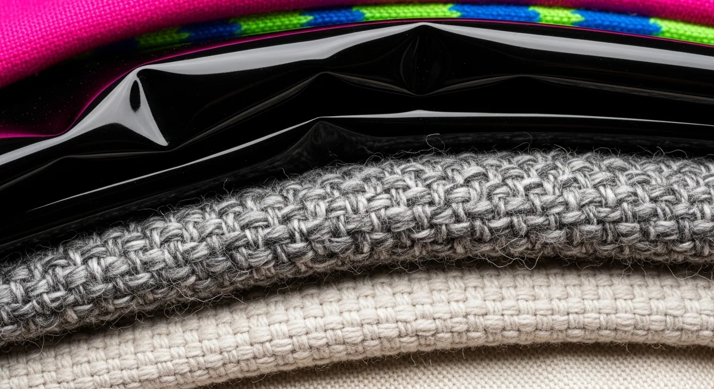 Close-up of vinyl, wool, and silk fabrics with abstract background.
