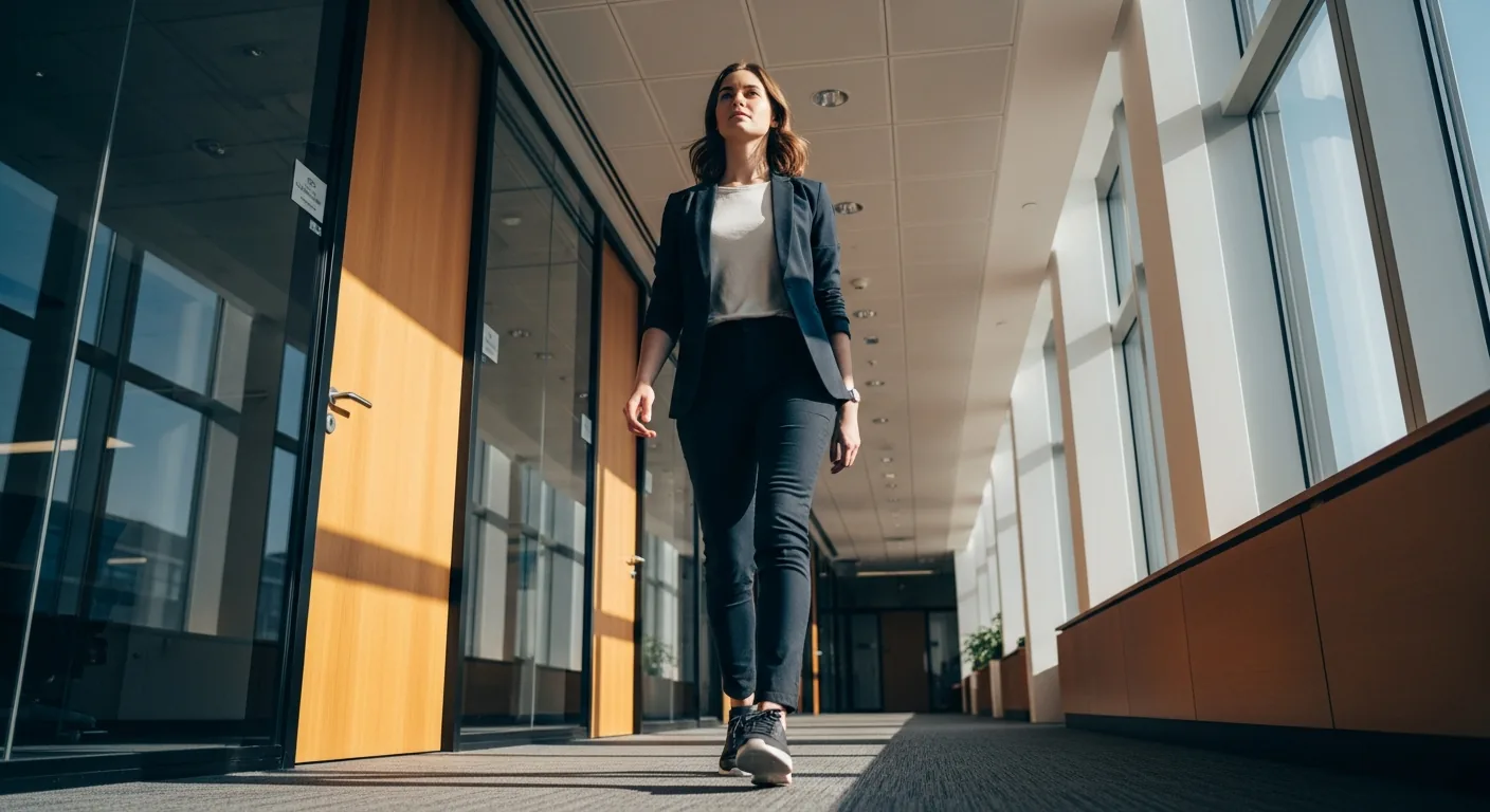 Woman walking in a corporate hallway wearing sleek sneakers.