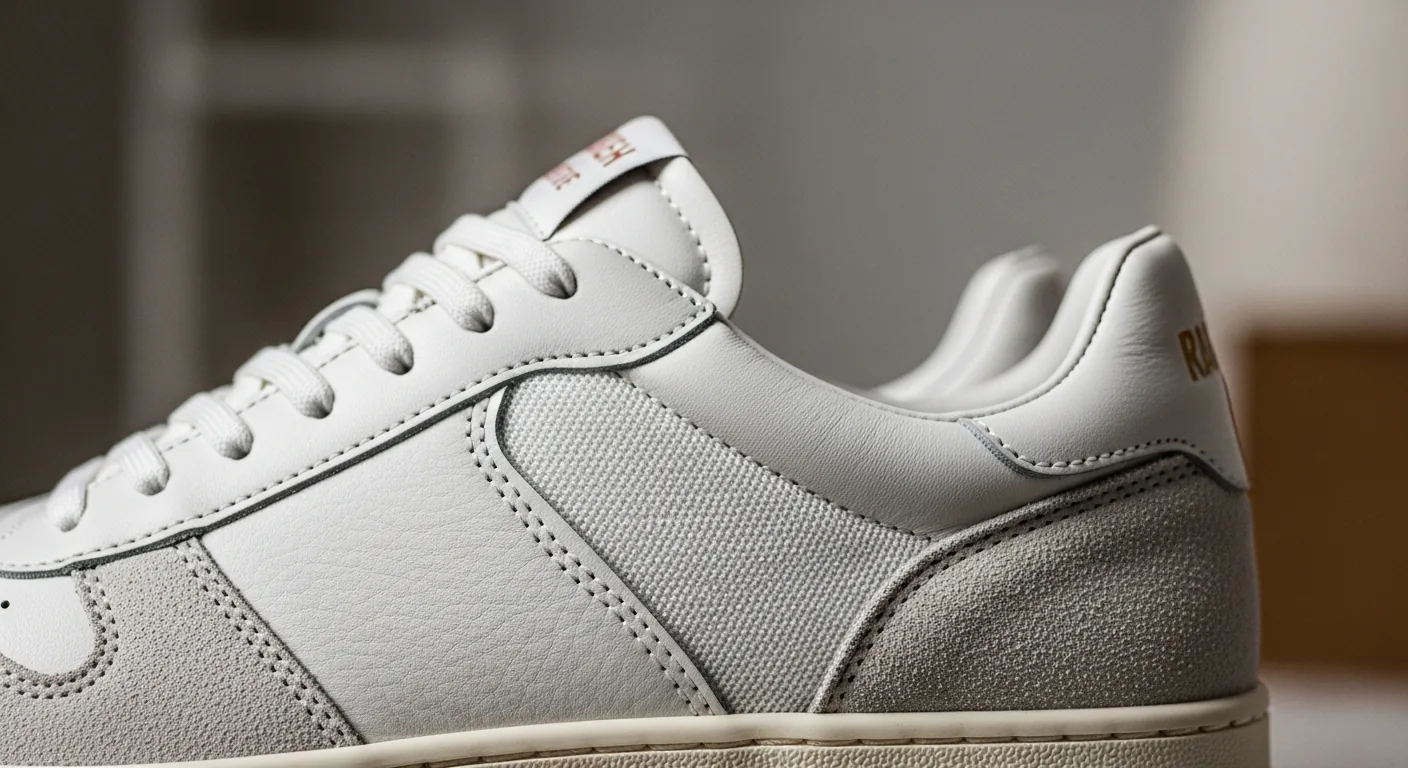 Macro close-up of sneaker design details with soft lighting, blurred background.