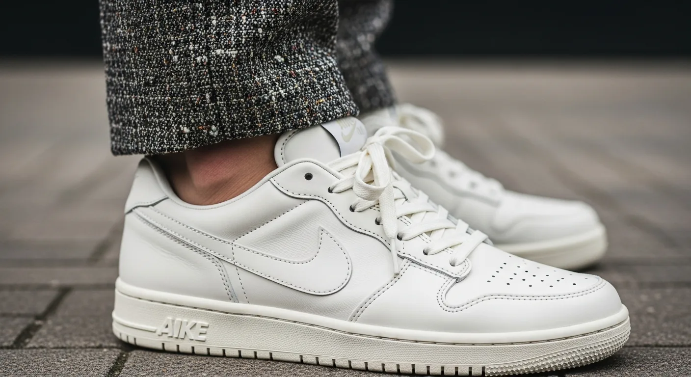Close-up of sneaker's intricate design elements like stitching, with coordinated outfit textures visible.