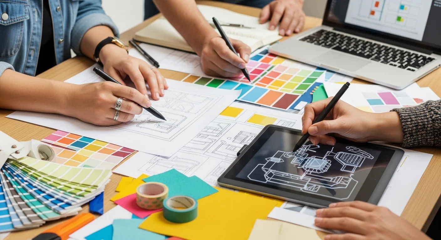 Hands of diverse designers creating on a table with tools.