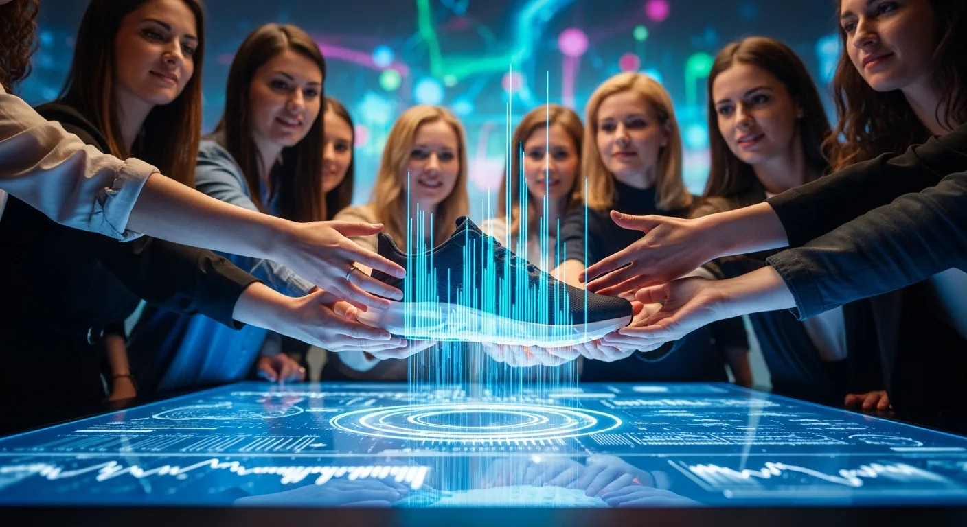 Diverse women interacting with a sneaker and digital interface, highlighted by dynamic data patterns.