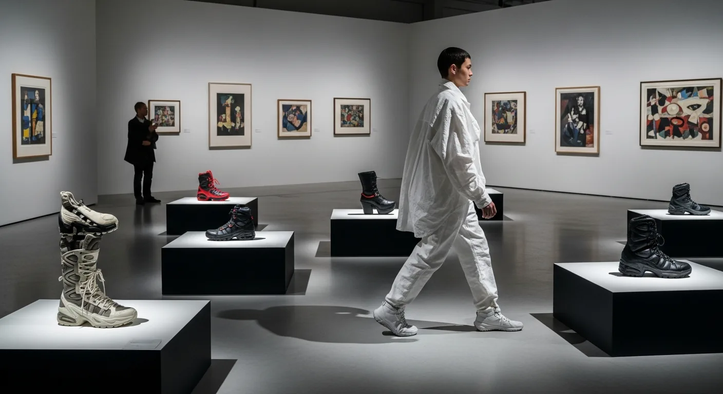Action shot in art gallery with model moving past framed shoes.