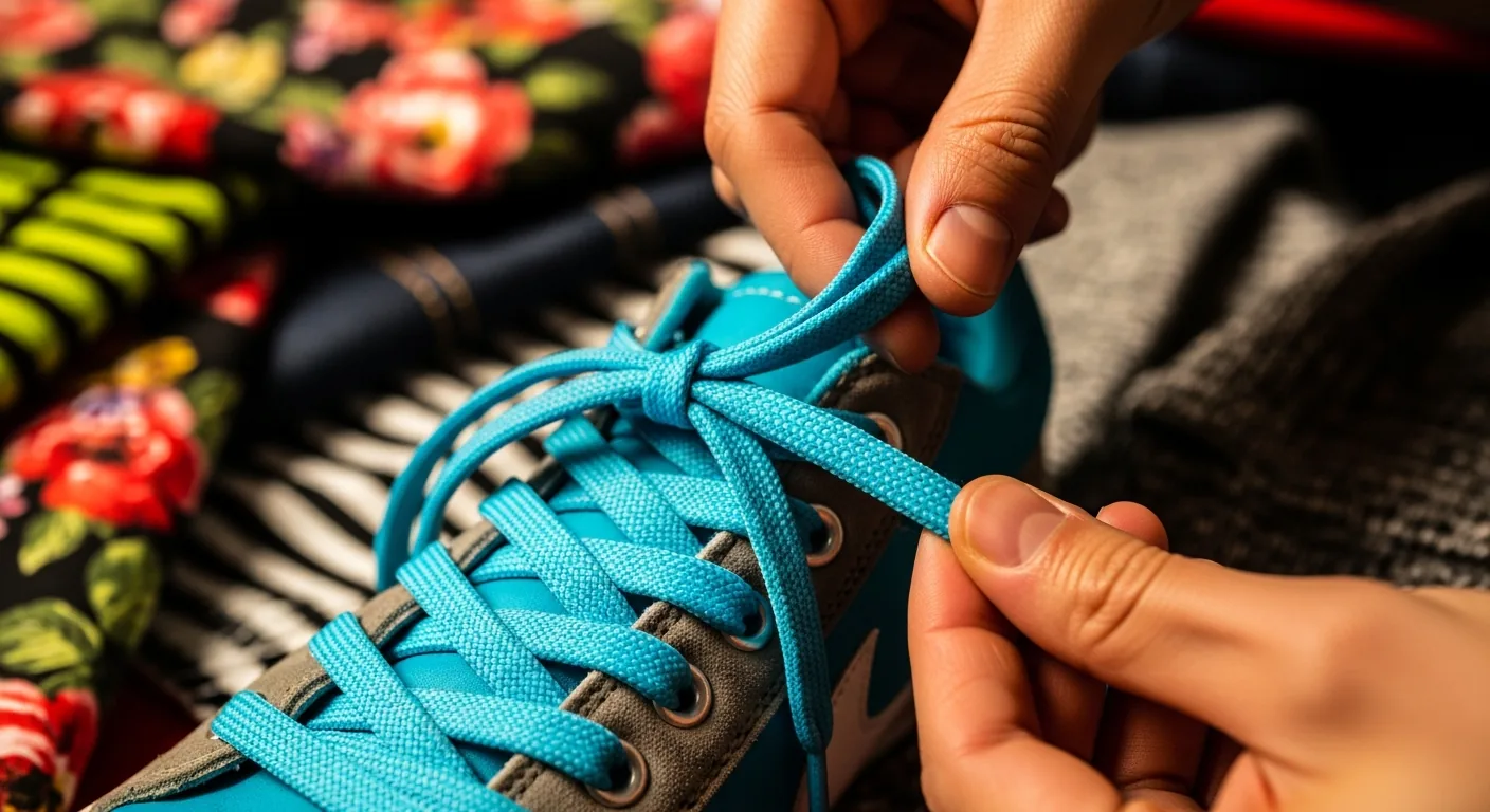 Close-up of sneaker laces being tied with bright lighting and dynamic background.