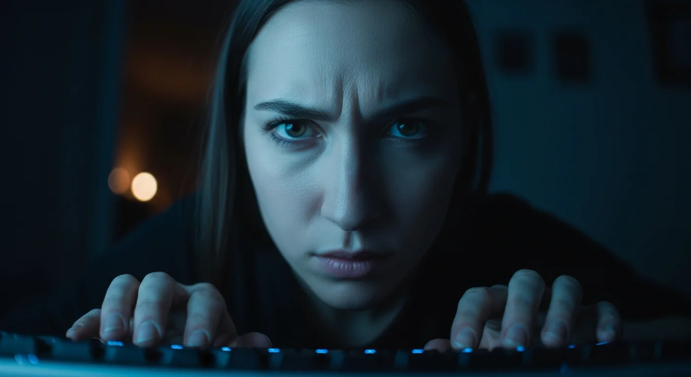 Close-up of a woman typing intently at a computer, symbolizing digital activism and empowerment.
