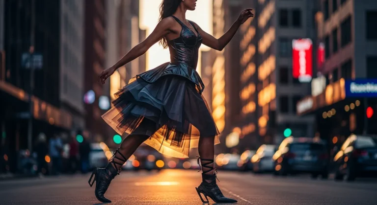 A woman in motion captured from the side, wearing ballet-inspired sneakers, with an urban setting in the background.