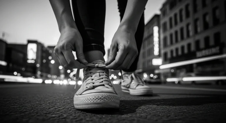 Black and white close-up of a woman tying her sneaker laces with a cityscape in the background.