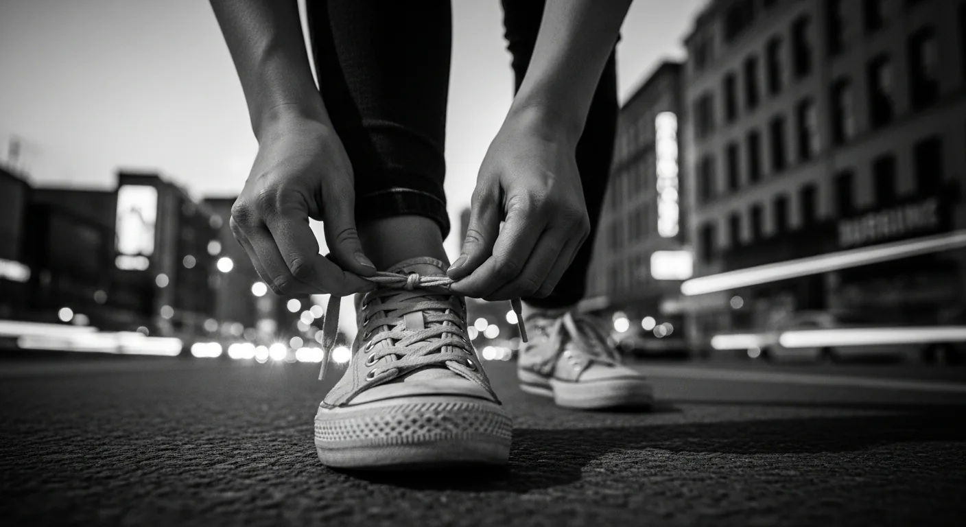 Black and white close-up of a woman tying her sneaker laces with a cityscape in the background.