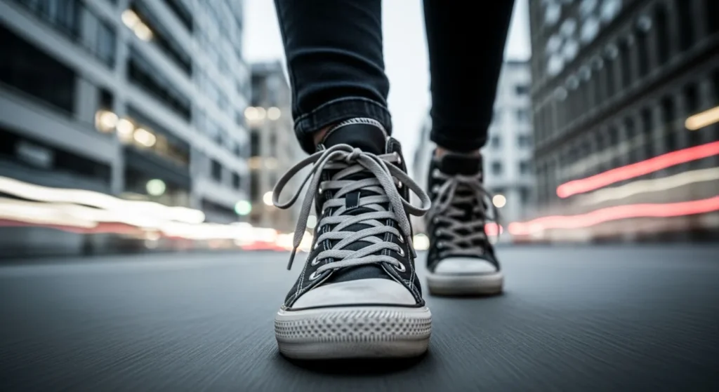 Close-up of a woman's sneaker-stride in urban setting, highlighting motion and confidence.
