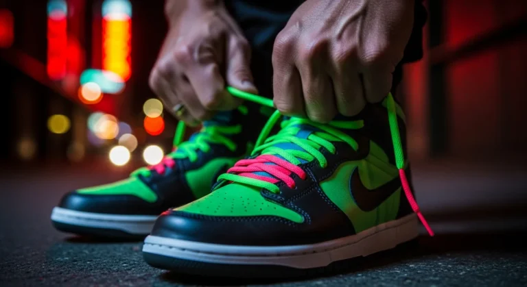 Hands lacing vibrant sneakers with a dramatic urban backdrop.