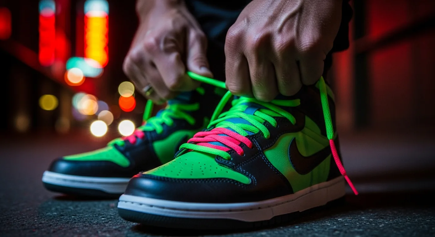 Hands lacing vibrant sneakers with a dramatic urban backdrop.