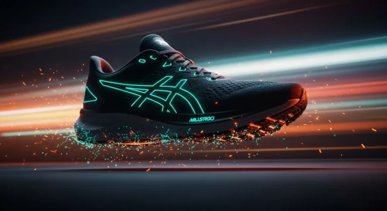 Close-up of a sneaker in motion with dramatic lighting.