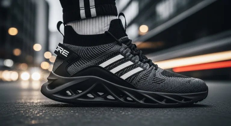 Close-up of a sneaker in motion with urban background