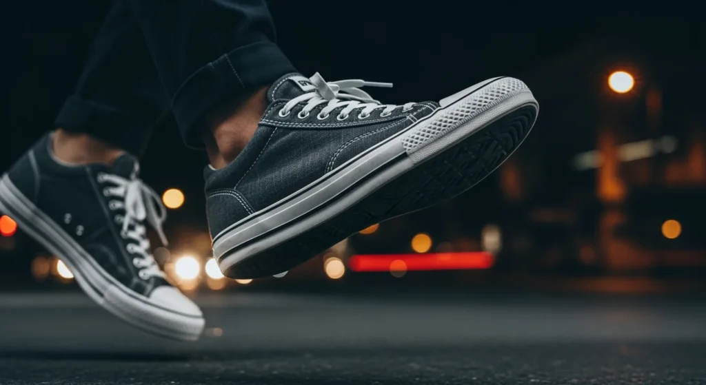 Close-up of a woman's foot in motion wearing a stylish sneaker.