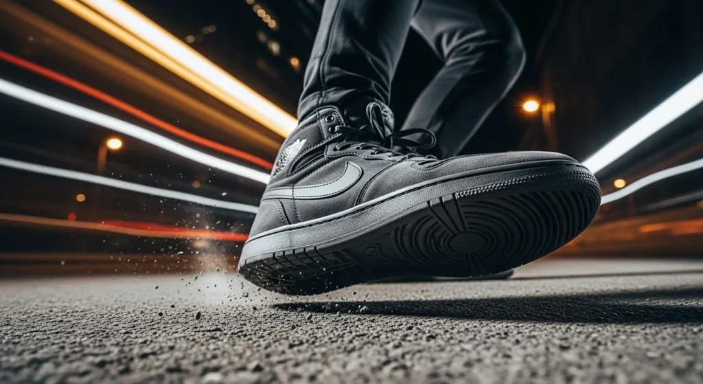 Close-up of sneaker running on urban street with dramatic shadows