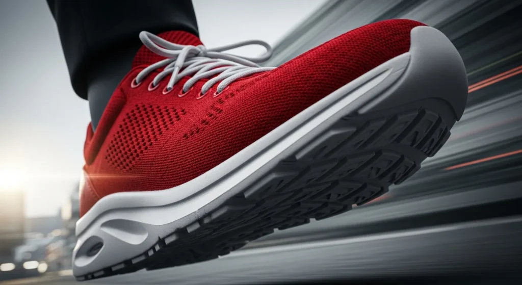 Close-up dynamic shot of a sneaker mid-stride with dramatic lighting.