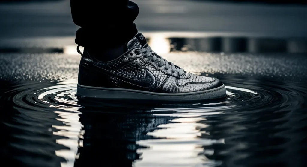 Close-up of a fashion sneaker partly submerged in water with its reflection visible on a city street.