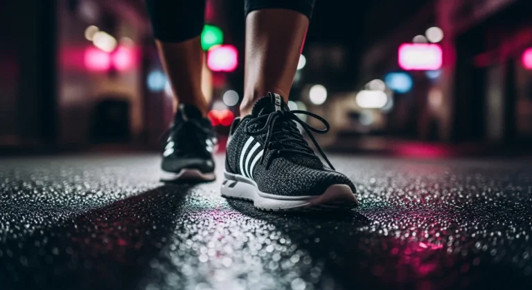 Close-up of a woman's foot in motion, wearing a sleek sneaker in a city setting.