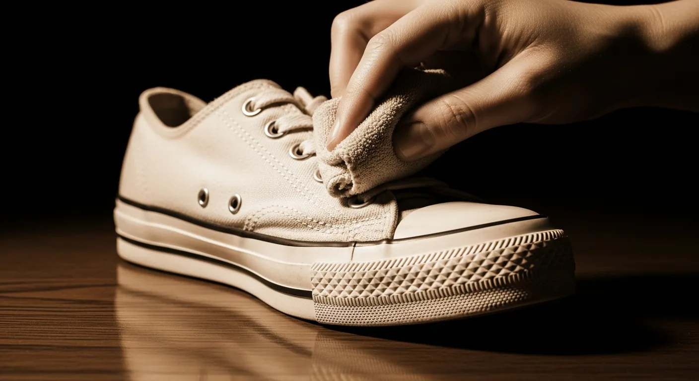 Close-up of vintage women's sneakers being polished with sepia tones.