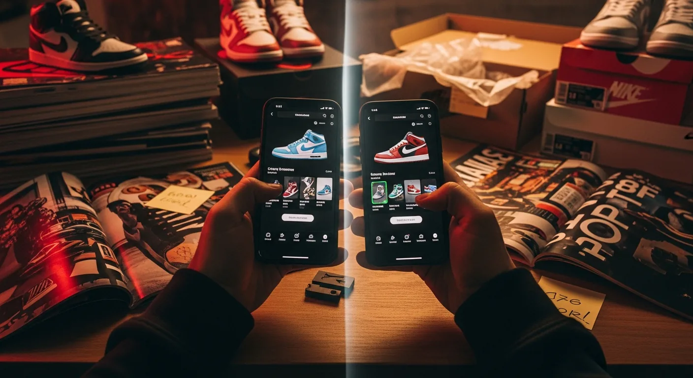 Person using two phones amidst stacks of sneaker magazines.