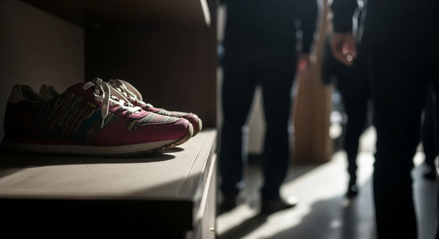 Low-angle shot of colorful women's sneakers on a dusty display shelf.