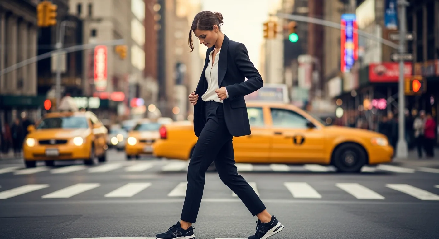 Woman adjusting blazer with statement sneakers in urban setting.