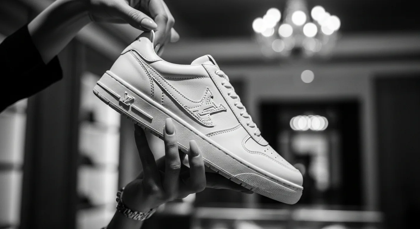 Close-up of a hand holding a luxury sneaker in an opulent setting, emphasizing sophistication.