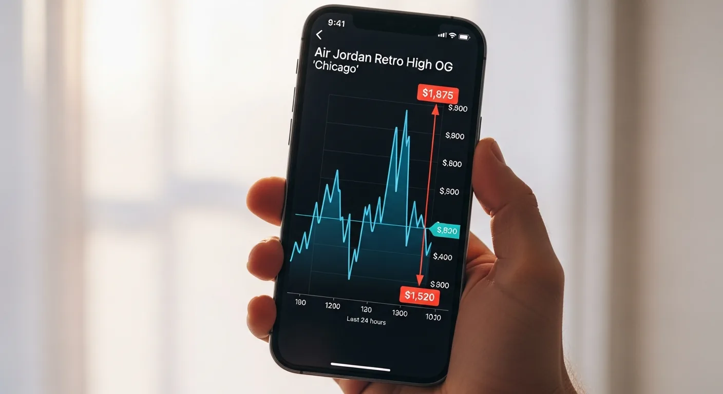 Close-up of smartphone showing sneaker resale graphs with eyes in the background.