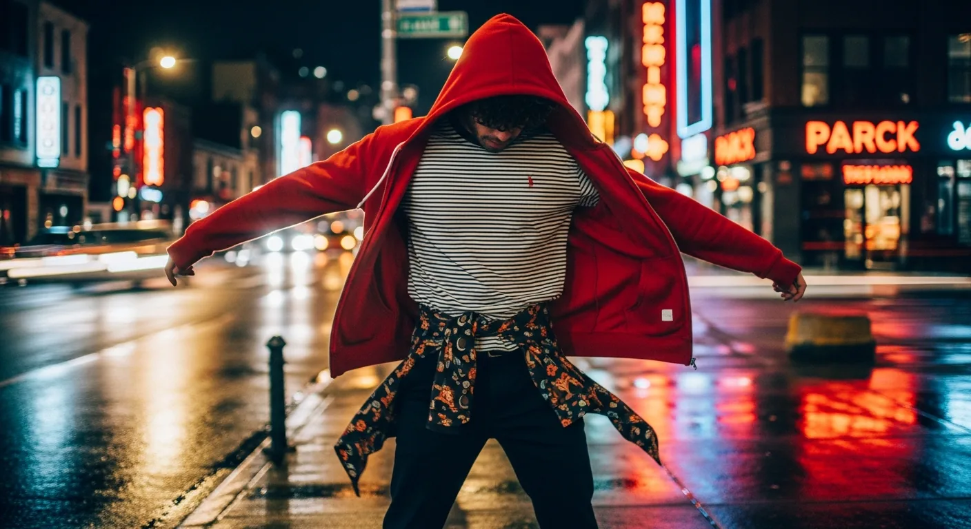 Action shot of person adjusting outfit layers in a city.