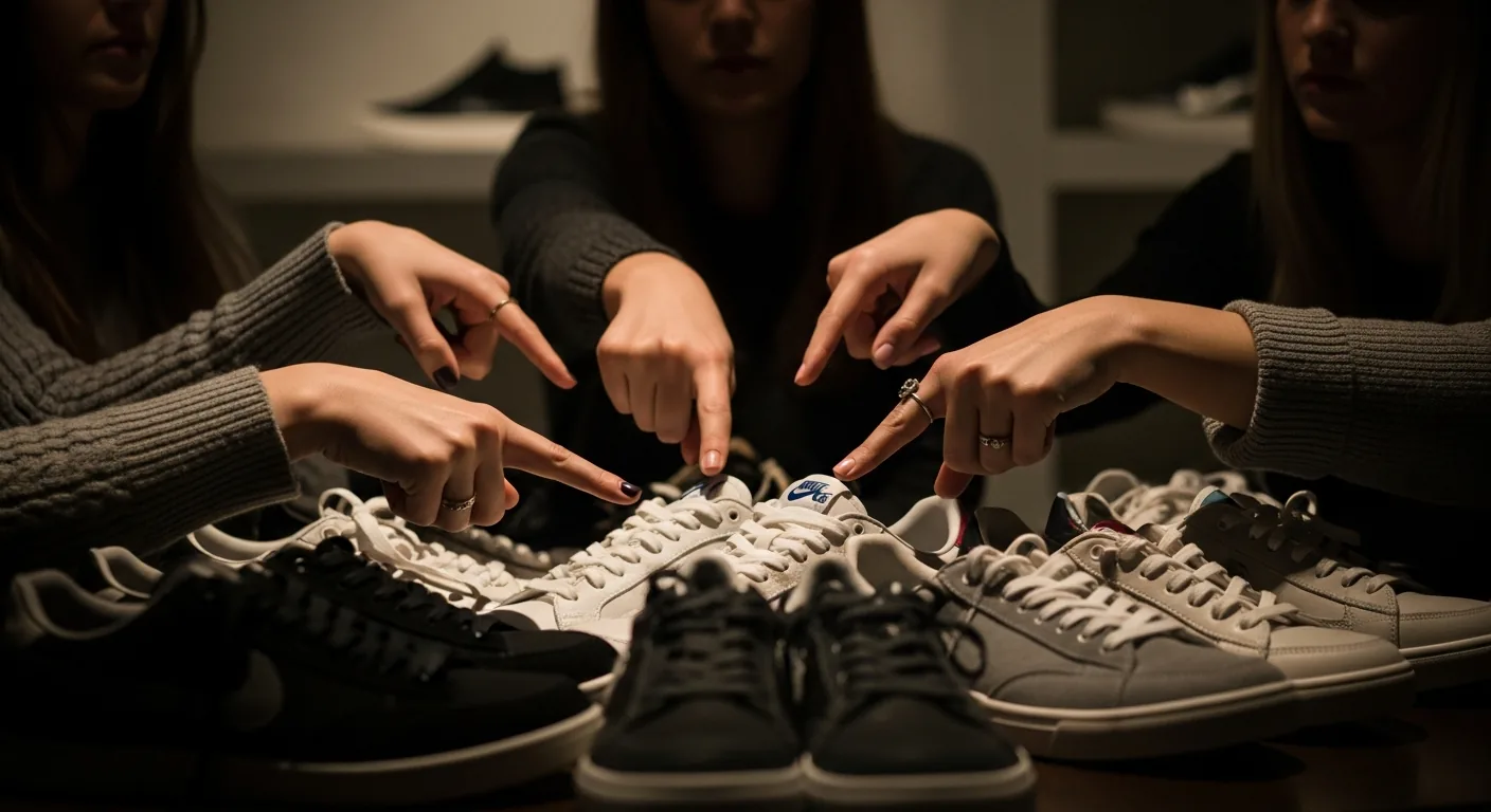 Low-light shot of women discussing sneakers around a table, hands gesturing expressively.