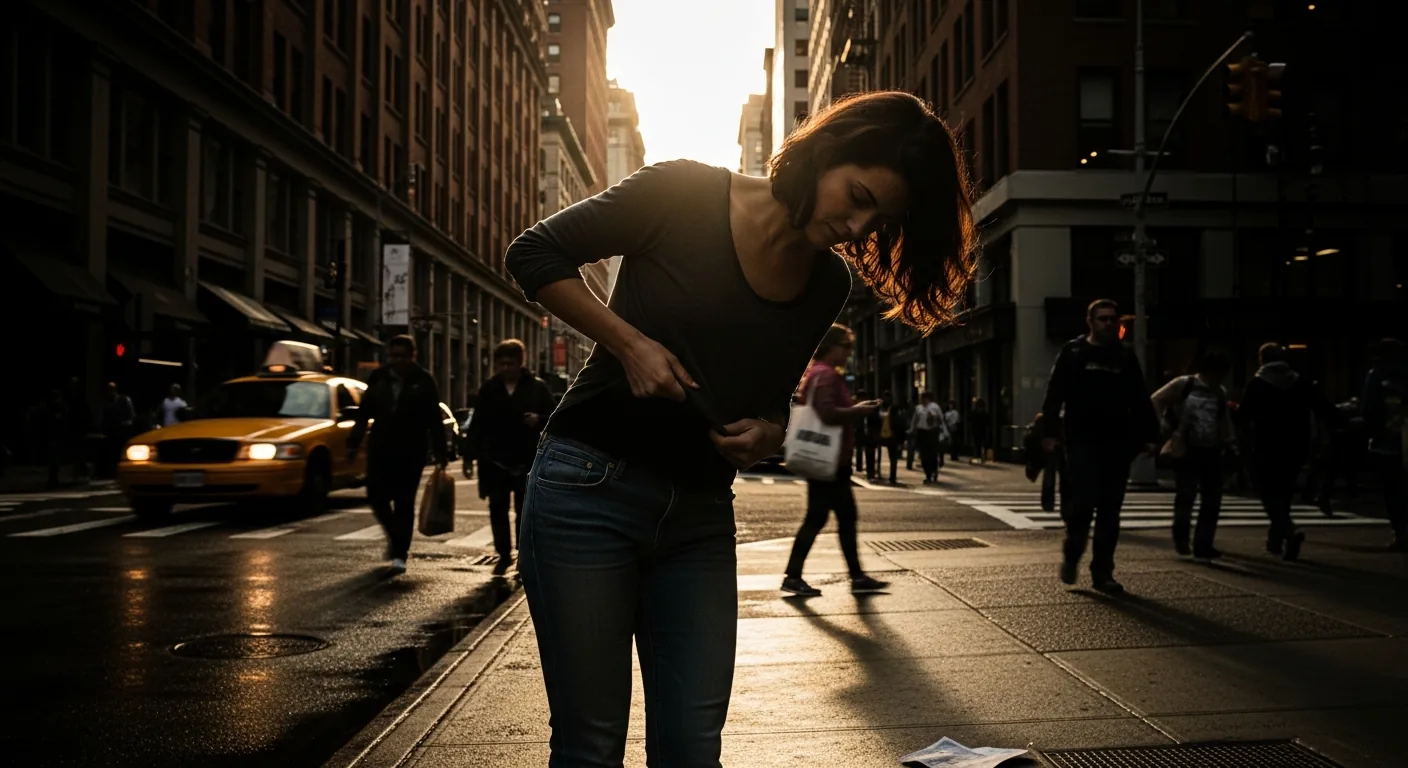 Real person adjusting clothes on busy street, dramatic natural light.