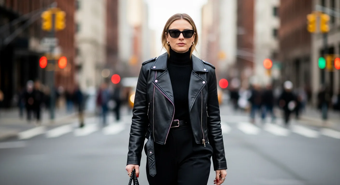 Woman walking through a bustling city street, wearing attention-catching sneakers and a matching outfit.