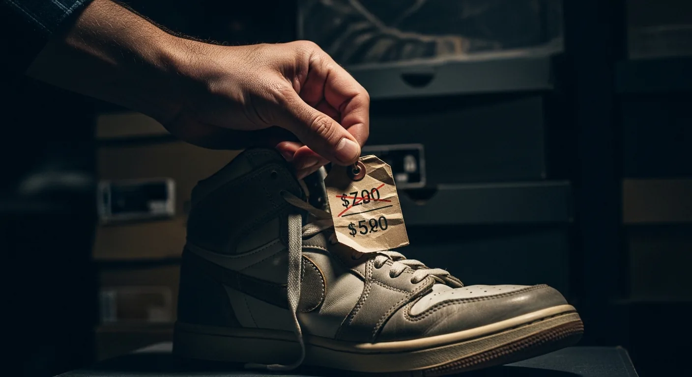 Hand clutching a price tag on a sneaker in a dimly lit room.