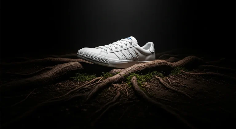Low angle shot of a women's sneaker surrounded by roots, emphasizing deep roots and history.