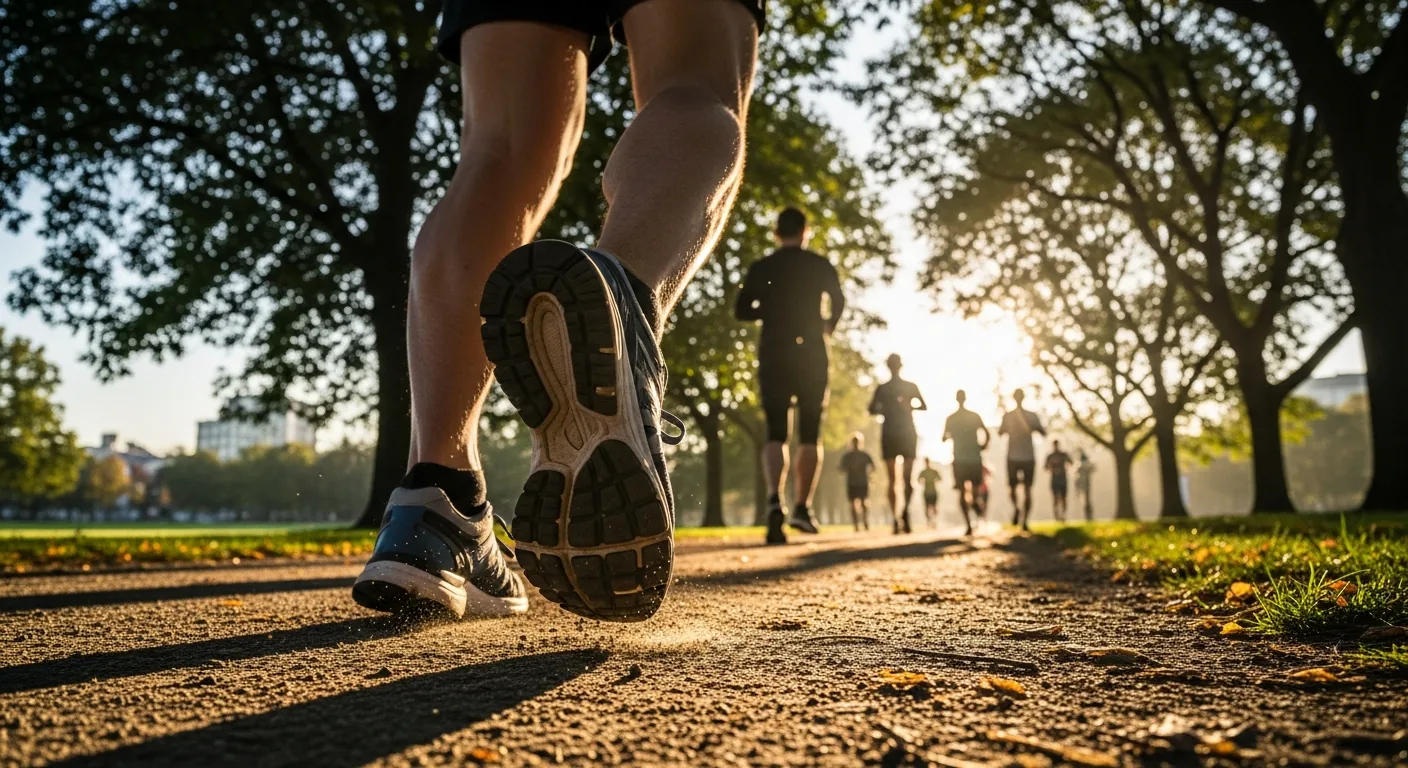 Runner's feet in motion during a run club session in a park.