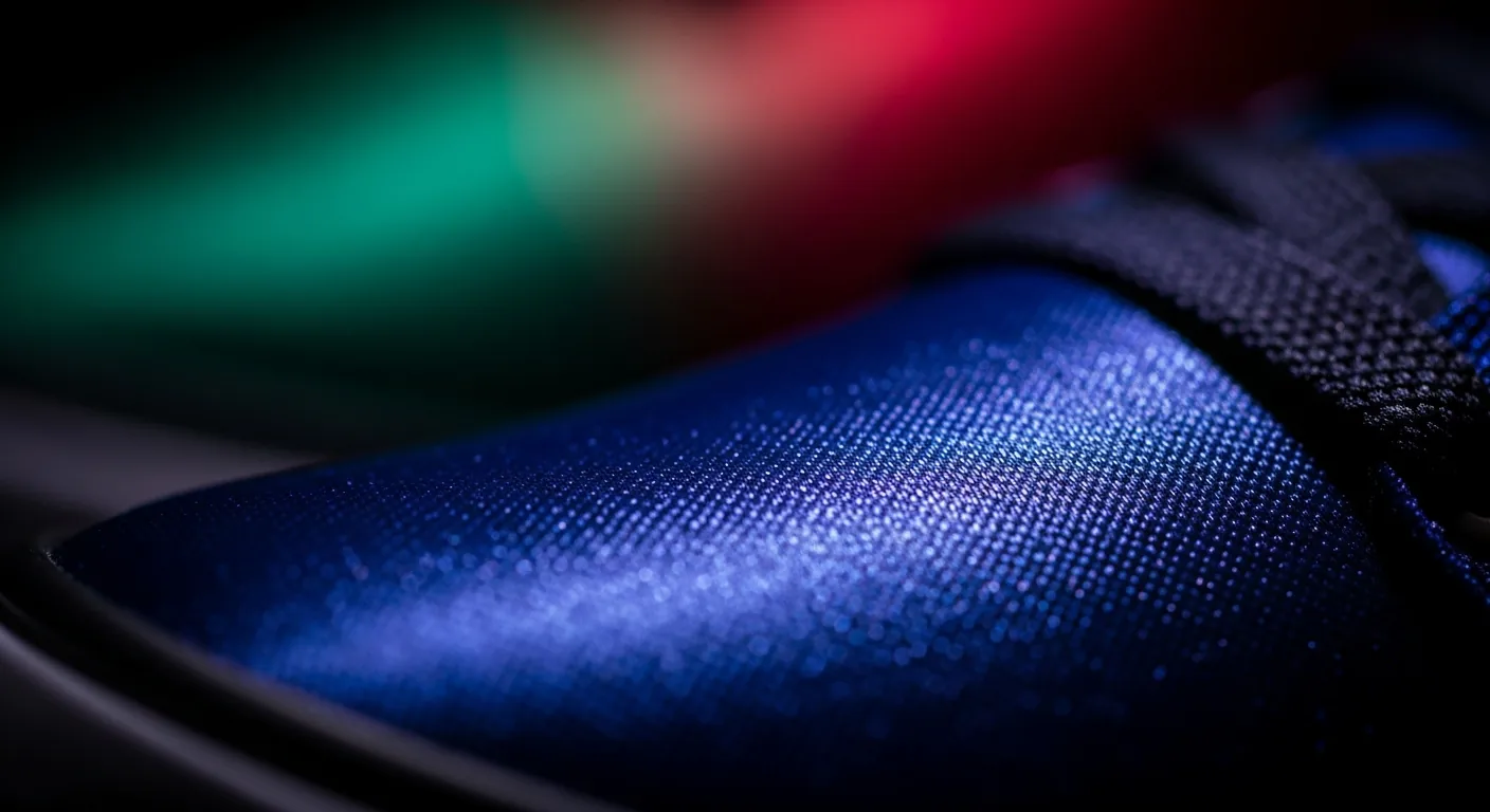 Close-up of satin detailing on sneaker, iridescent lighting