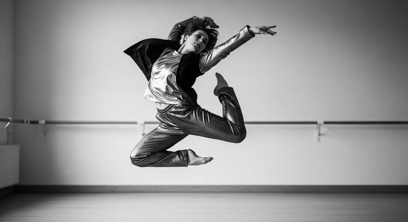 Dancer in satin and metallic attire captured in motion.