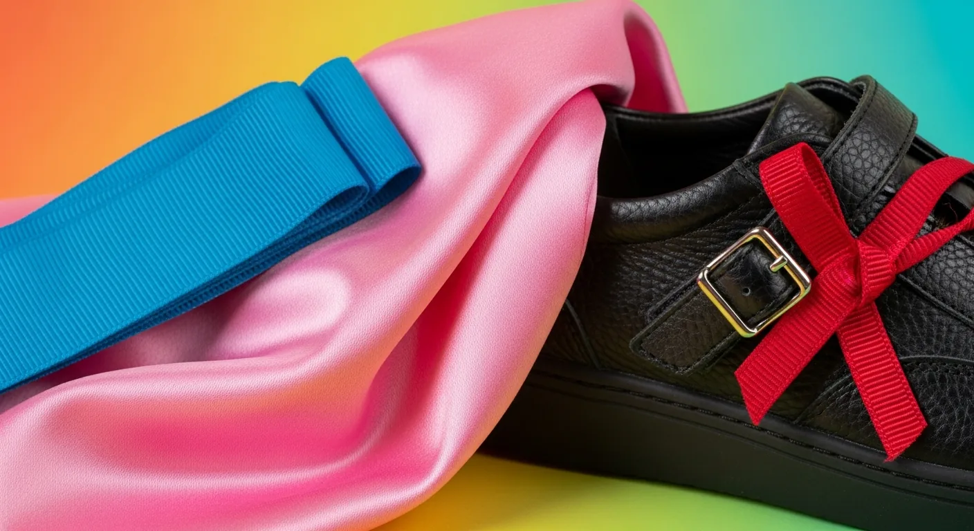 Close-up of satin, ribbons, and a Mary Jane sneaker on a colorful background, highlighting new collaboration vocabulary.