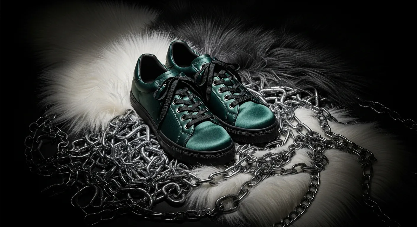 Satin sneakers on a pile of chains, combining luxury and rebellion.