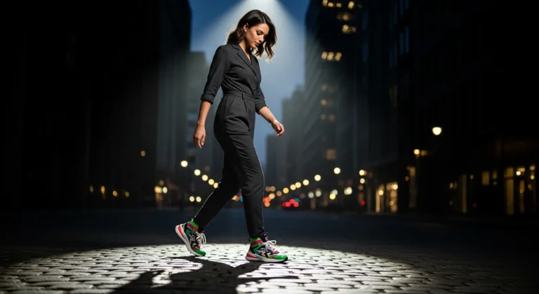 Woman in motion wearing statement sneakers, stepping confidently on a cobblestone path.