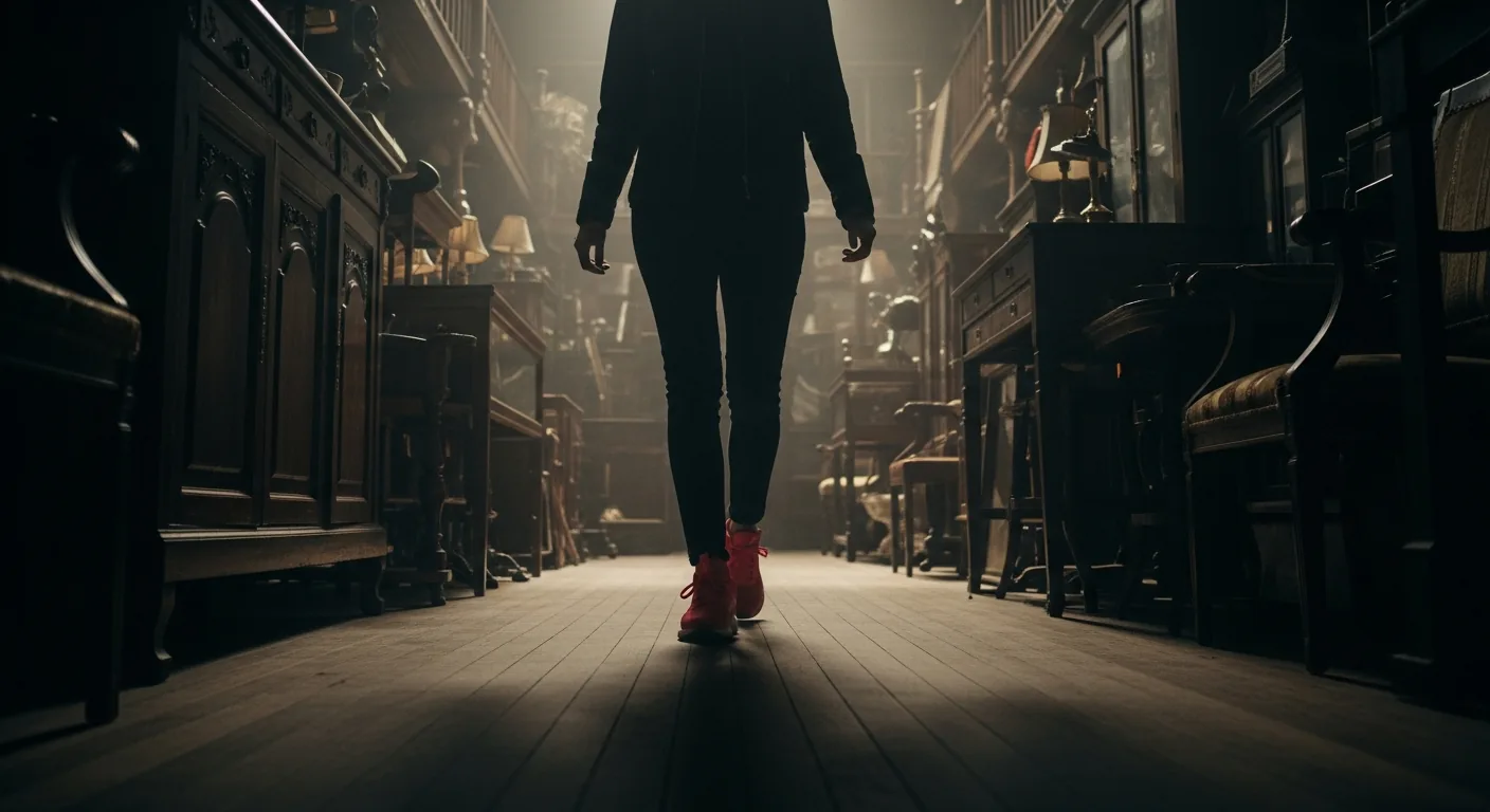 Woman in bright pink sneakers walking through an antique store.
