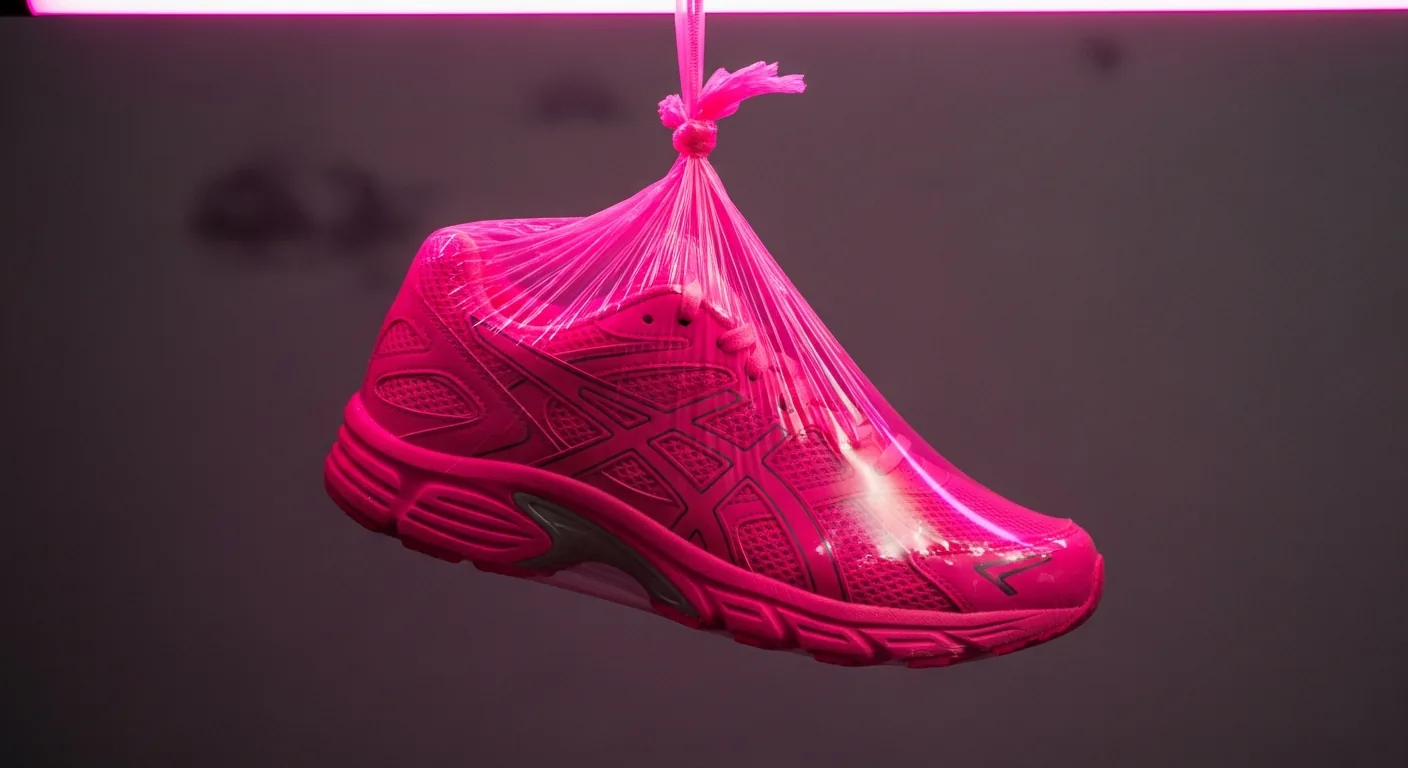 Pink shrink-wrapped sports shoe illuminated by neon against a minimal backdrop.