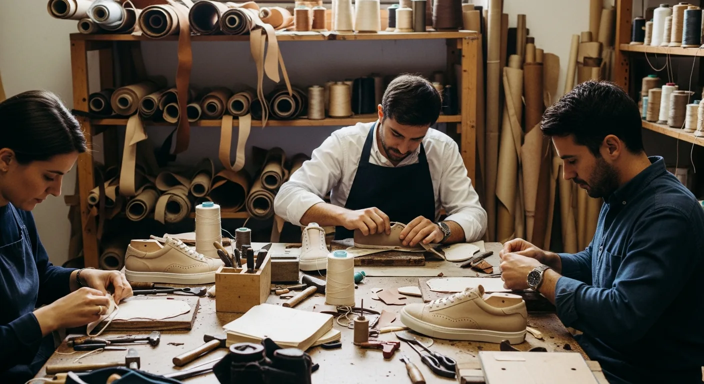 Artisans crafting Maye and Hobes sneakers in a workshop filled with tools and materials.